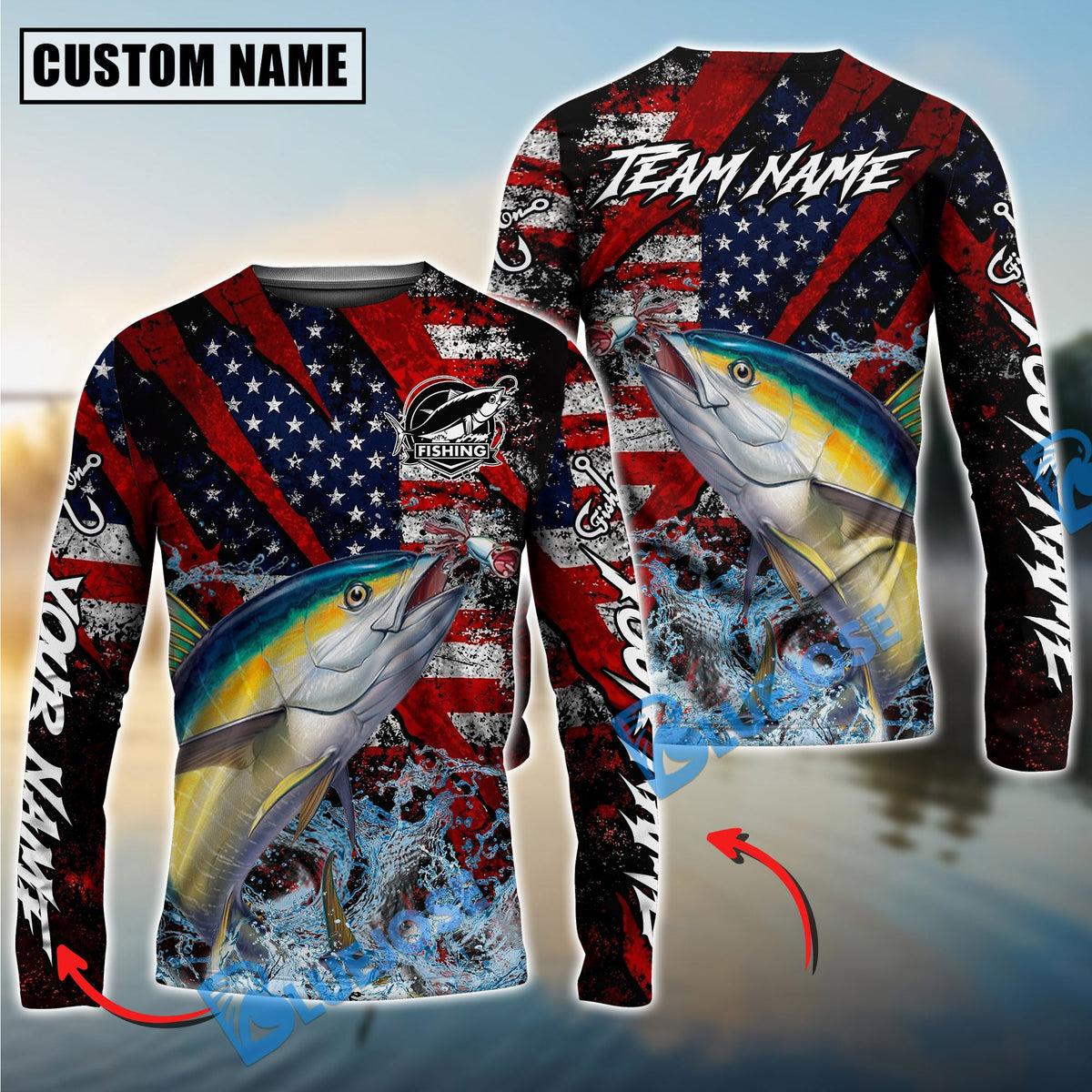 BlueJose Tuna Fishing American Flag Grunge Red Scratch Custom Name & Team Name 3D Shirts
