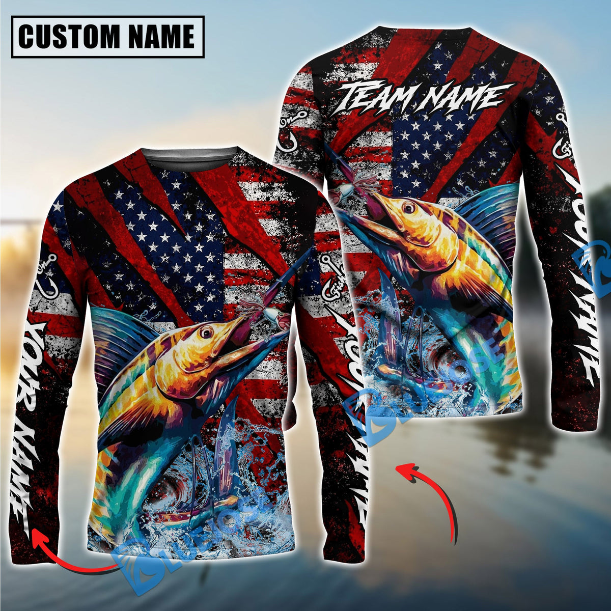BlueJose Marlin Fishing American Flag Grunge Red Scratch Custom Name & Team Name 3D Shirts