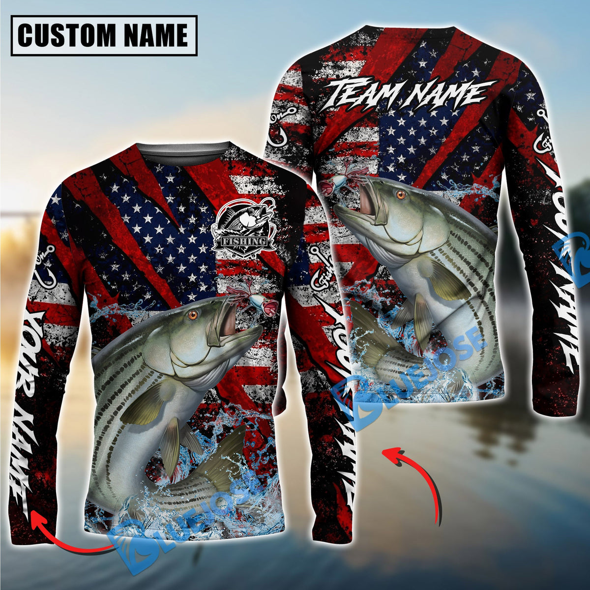BlueJose Striped Bass Fishing American Flag Grunge Red Scratch Custom Name & Team Name 3D Shirts