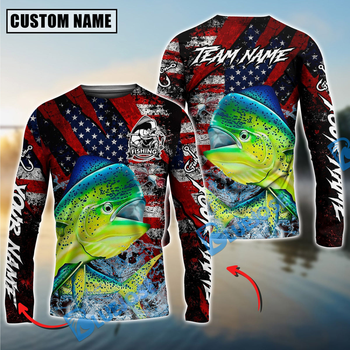 BlueJose Mahi-Mahi Fishing American Flag Grunge Red Scratch Custom Name & Team Name 3D Shirts