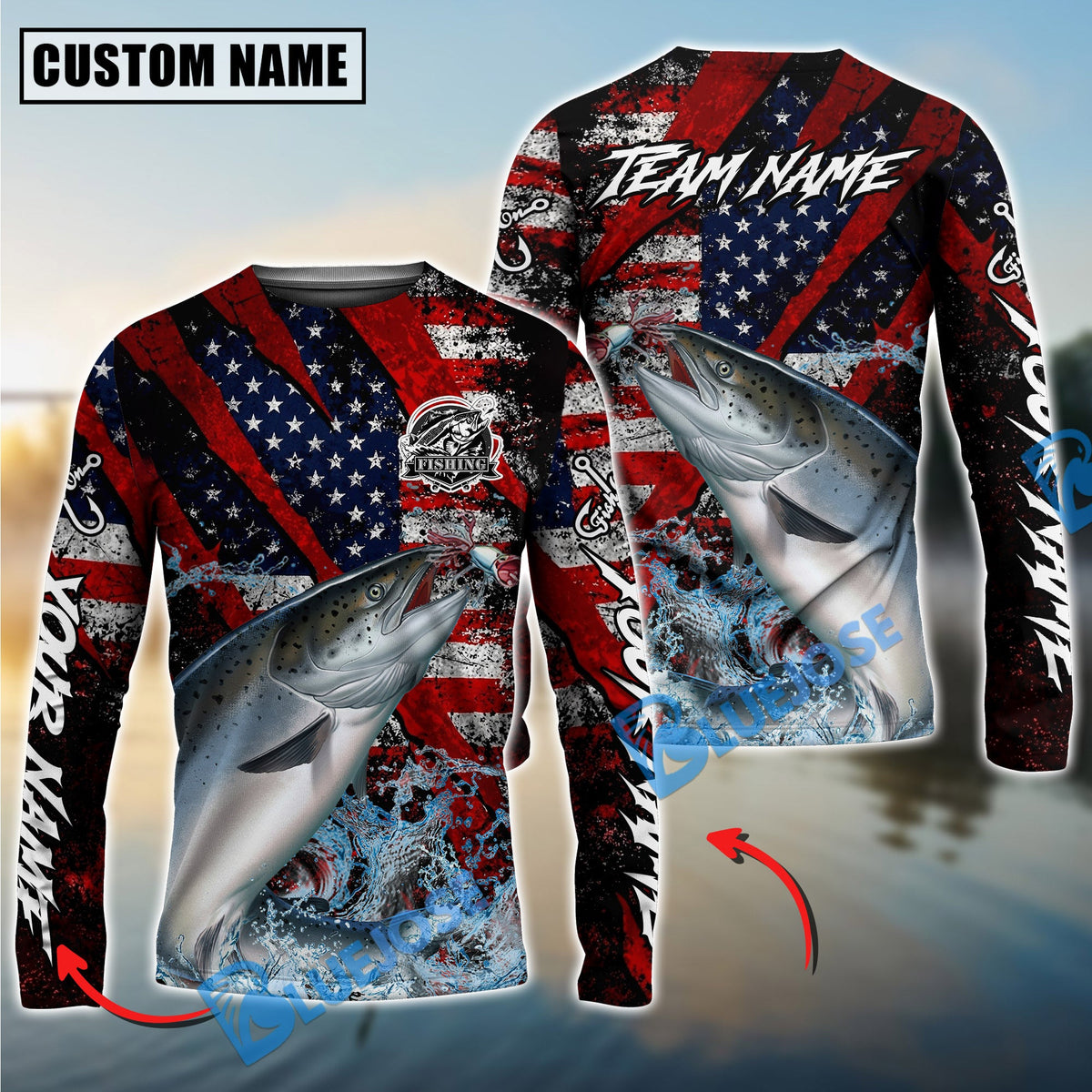 BlueJose Salmon Fishing American Flag Grunge Red Scratch Custom Name & Team Name 3D Shirts