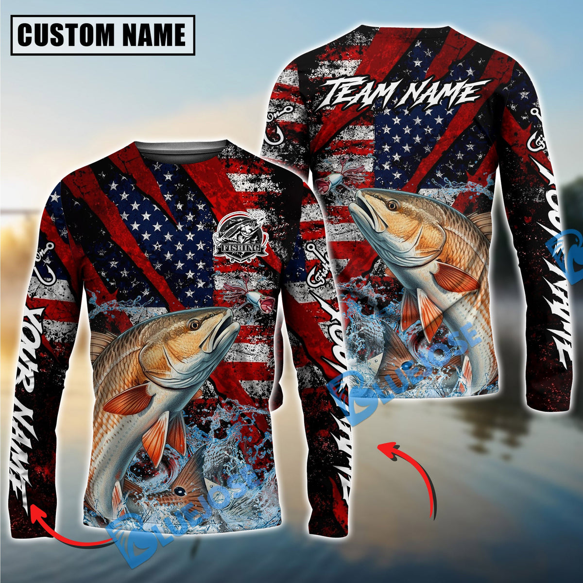 BlueJose Redfish Fishing American Flag Grunge Red Scratch Custom Name & Team Name 3D Shirts