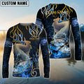 BlueJose Catfish Fishing Flame Dark Blue Luxury Pattern Custom Name & Team Name 3D Shirts
