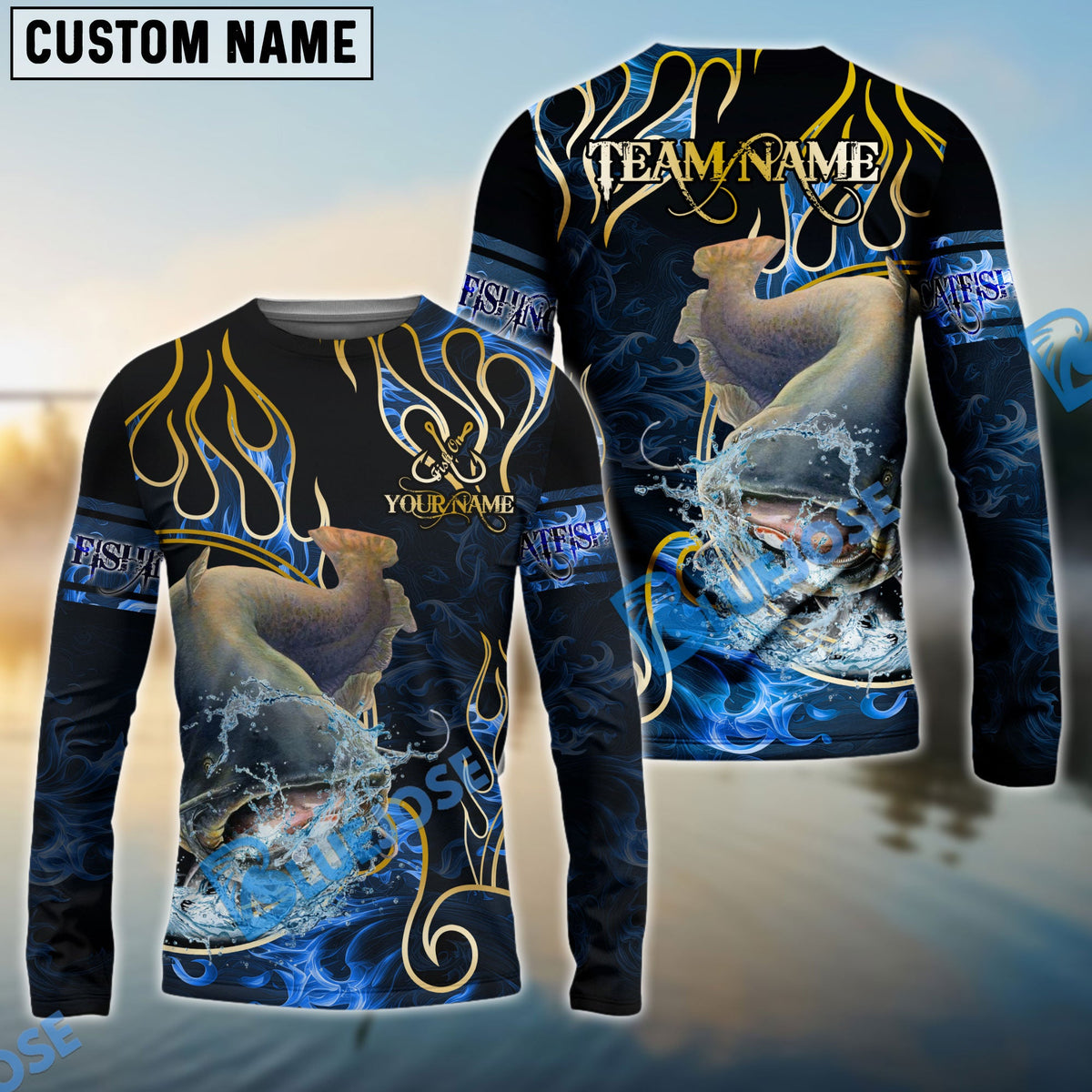 BlueJose Catfish Fishing Flame Dark Blue Luxury Pattern Custom Name & Team Name 3D Shirts