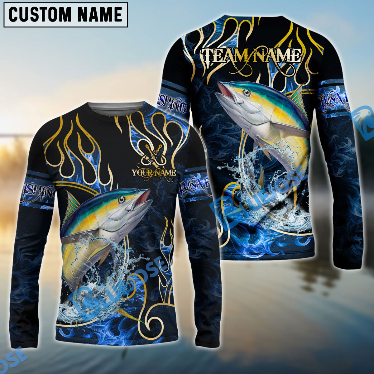 BlueJose Tuna Fishing Flame Dark Blue Luxury Pattern Custom Name & Team Name 3D Shirts