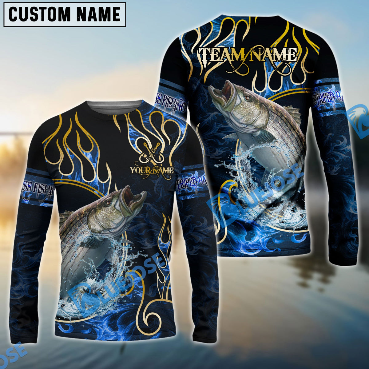 BlueJose Striped Bass Fishing Flame Dark Blue Luxury Pattern Custom Name & Team Name 3D Shirts