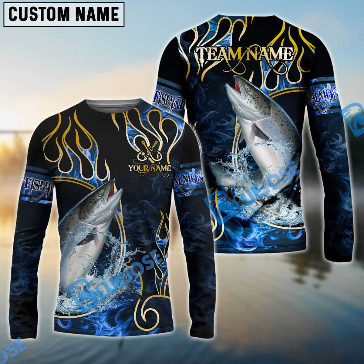 BlueJose Salmon Fishing Flame Dark Blue Luxury Pattern Custom Name & Team Name 3D Shirts