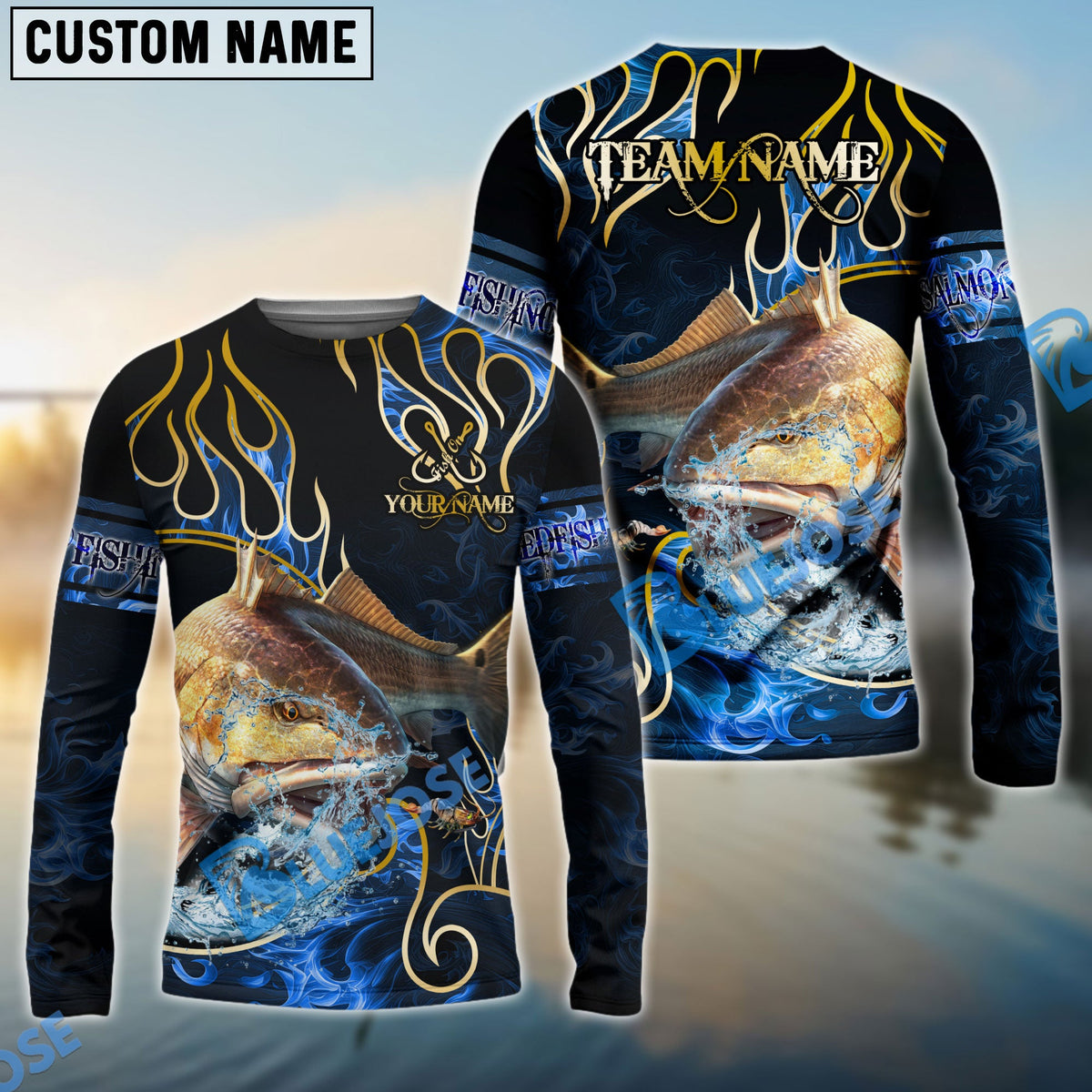 BlueJose Redfish Fishing Flame Dark Blue Luxury Pattern Custom Name & Team Name 3D Shirts