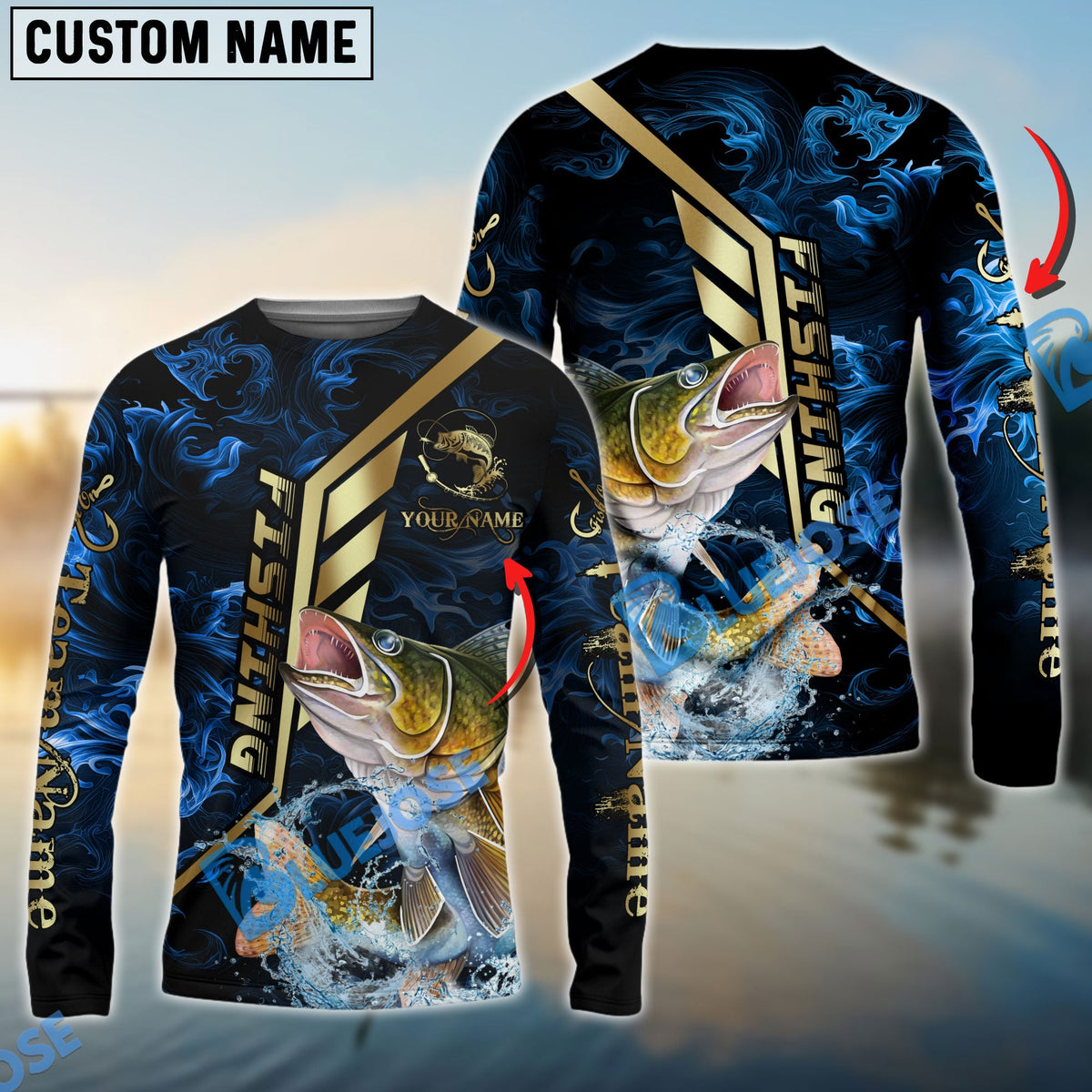 BlueJose Walleye Fishing Gold Smoke Premium Sport Style Custom Name & Team Name 3D Shirts