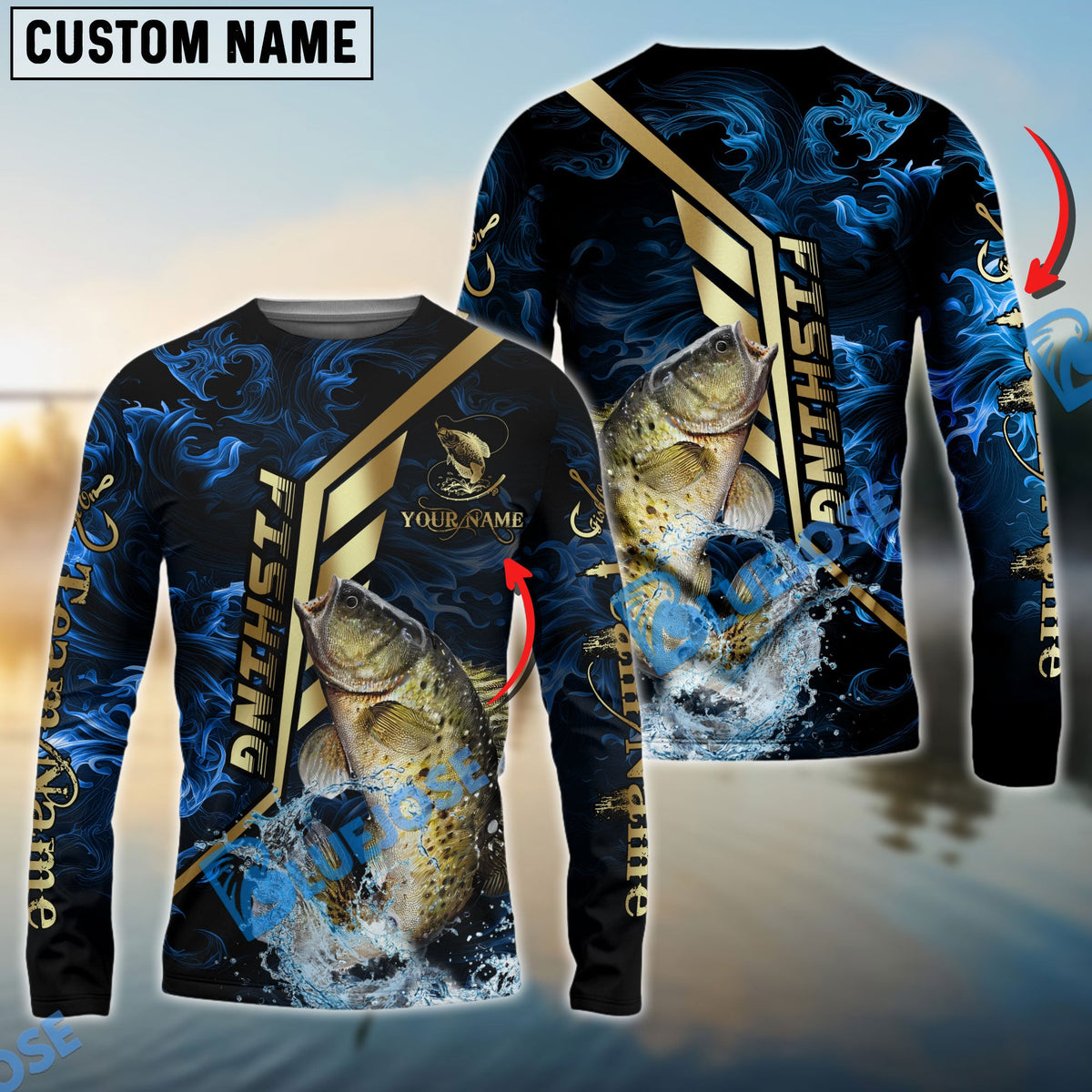 BlueJose Crappie Fishing Gold Smoke Premium Sport Style Custom Name & Team Name 3D Shirts