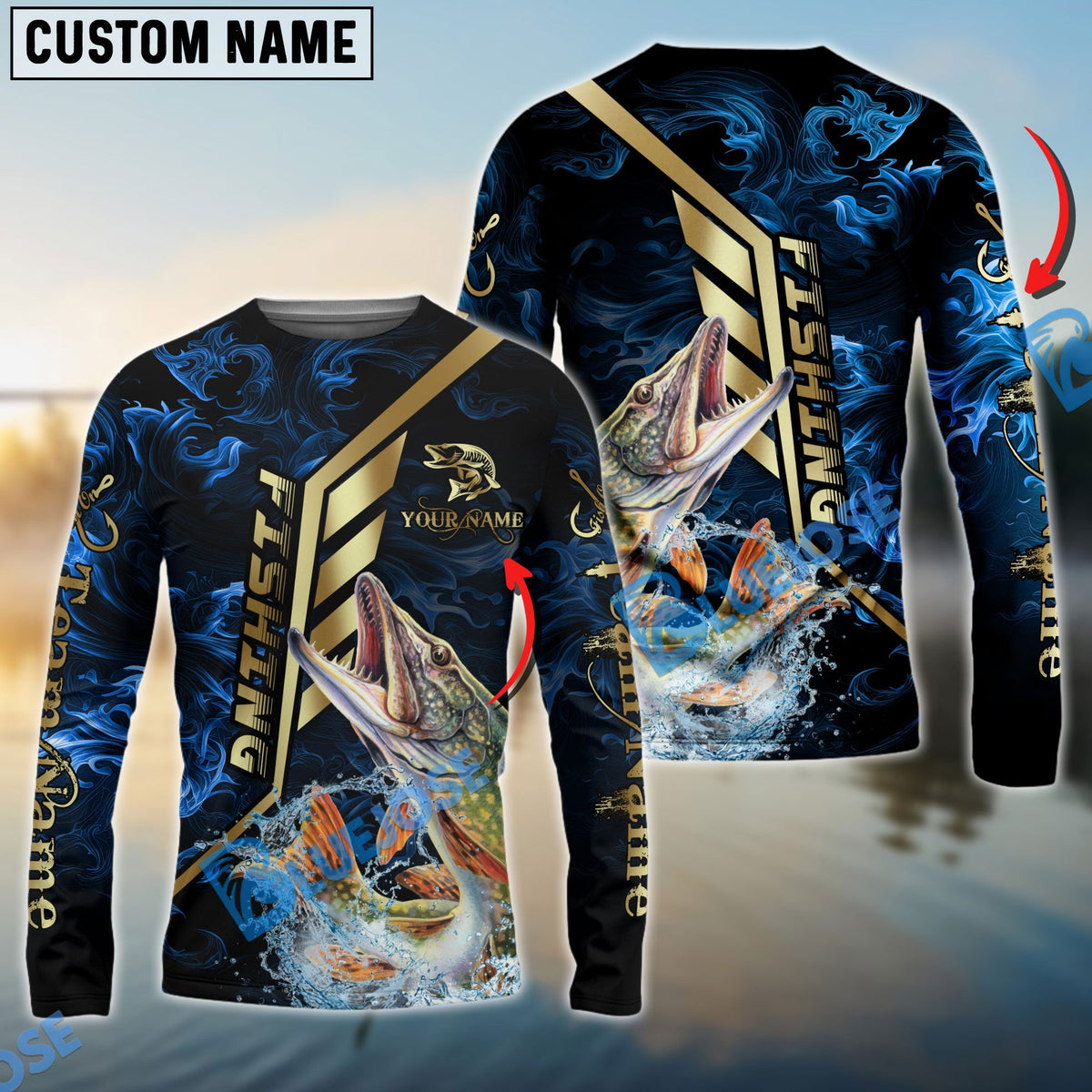 BlueJose Pike Fishing Gold Smoke Premium Sport Style Custom Name & Team Name 3D Shirts