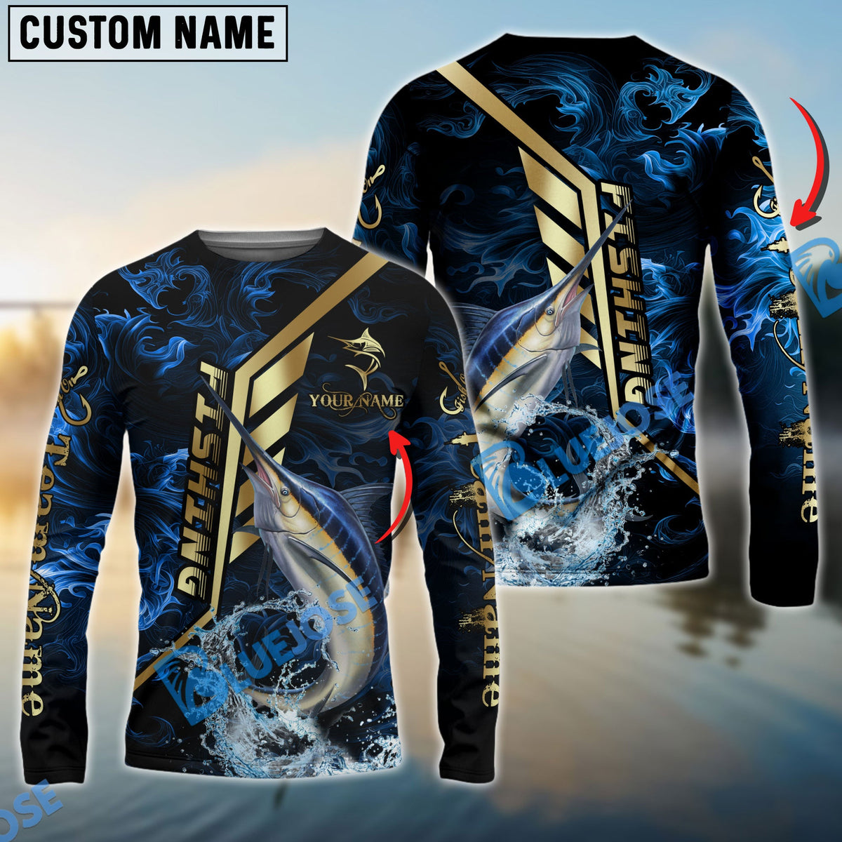 BlueJose Marlin Fishing Gold Smoke Premium Sport Style Custom Name & Team Name 3D Shirts