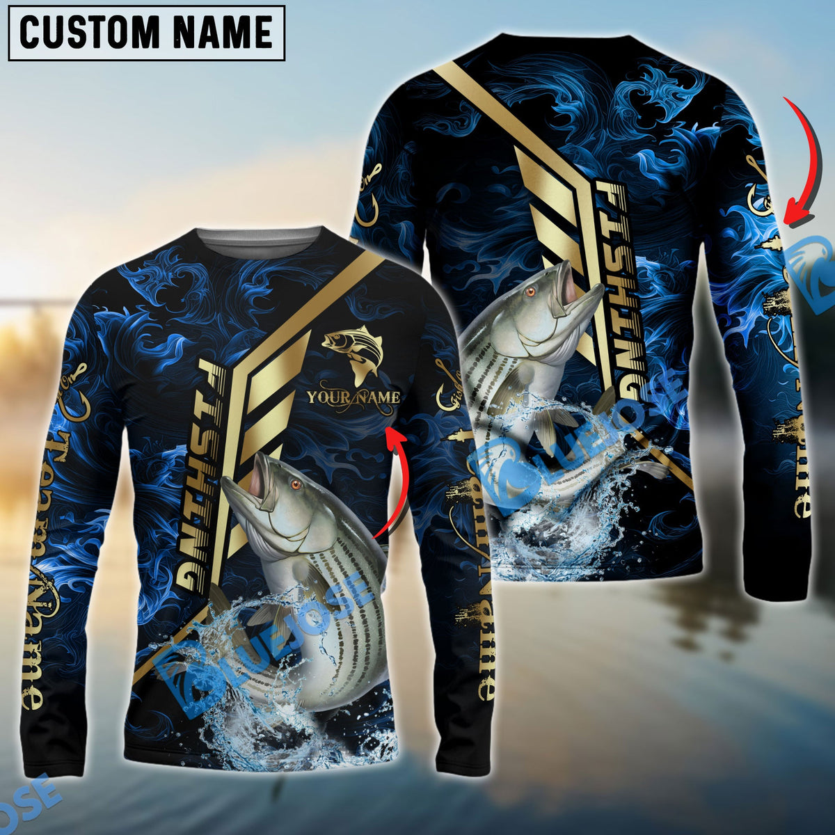 BlueJose Striped Bass Fishing Gold Smoke Premium Sport Style Custom Name & Team Name 3D Shirts