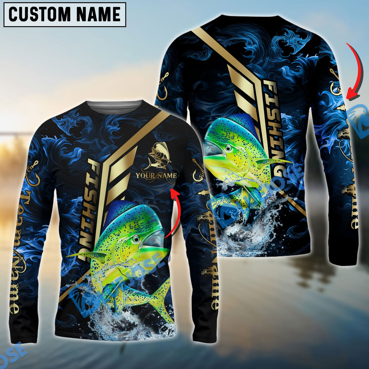 BlueJose Mahi-Mahi Fishing Gold Smoke Premium Sport Style Custom Name & Team Name 3D Shirts