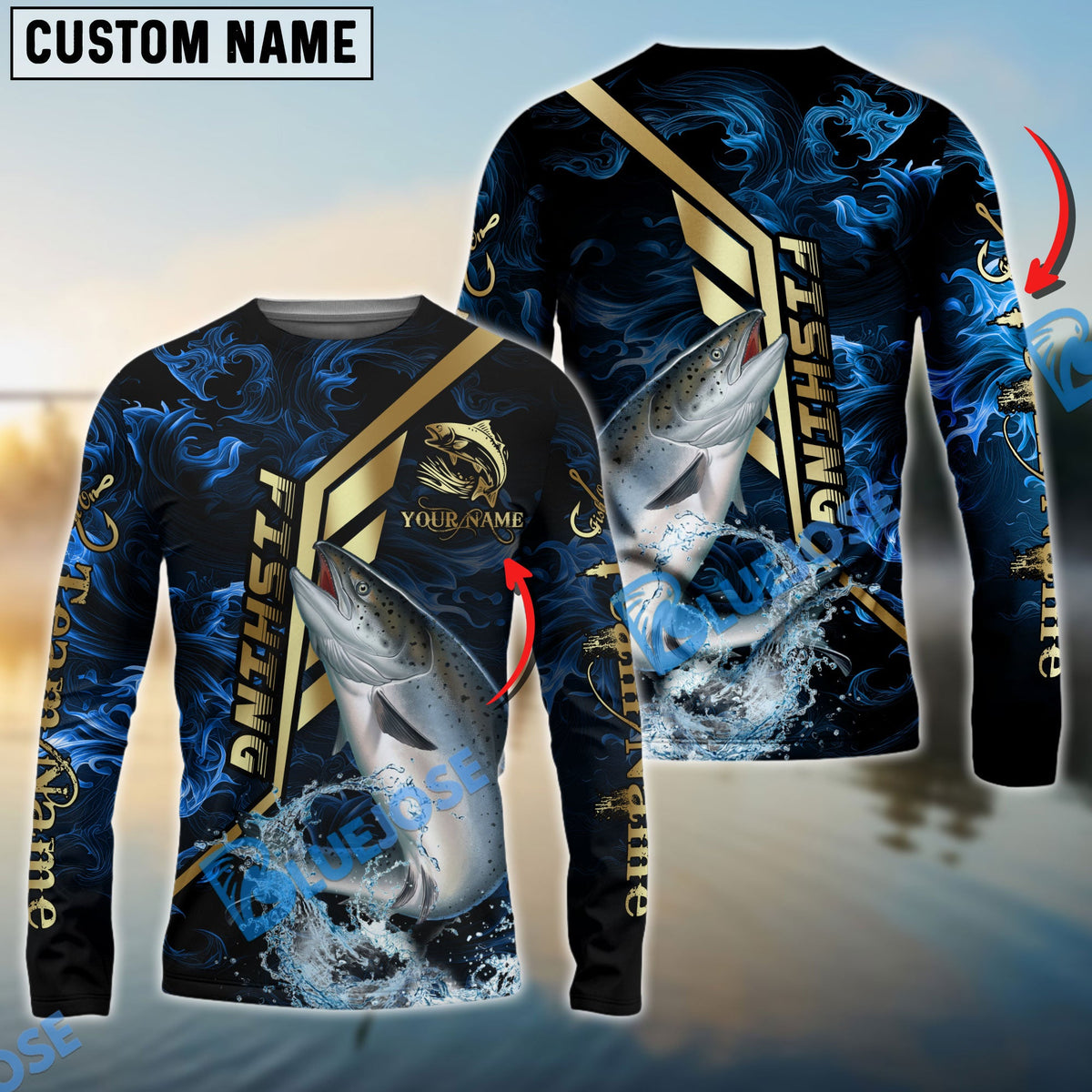BlueJose Salmon Fishing Gold Smoke Premium Sport Style Custom Name & Team Name 3D Shirts