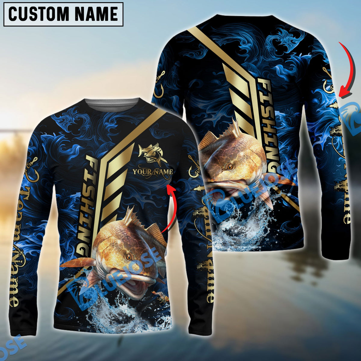BlueJose Redfish Fishing Gold Smoke Premium Sport Style Custom Name & Team Name 3D Shirts