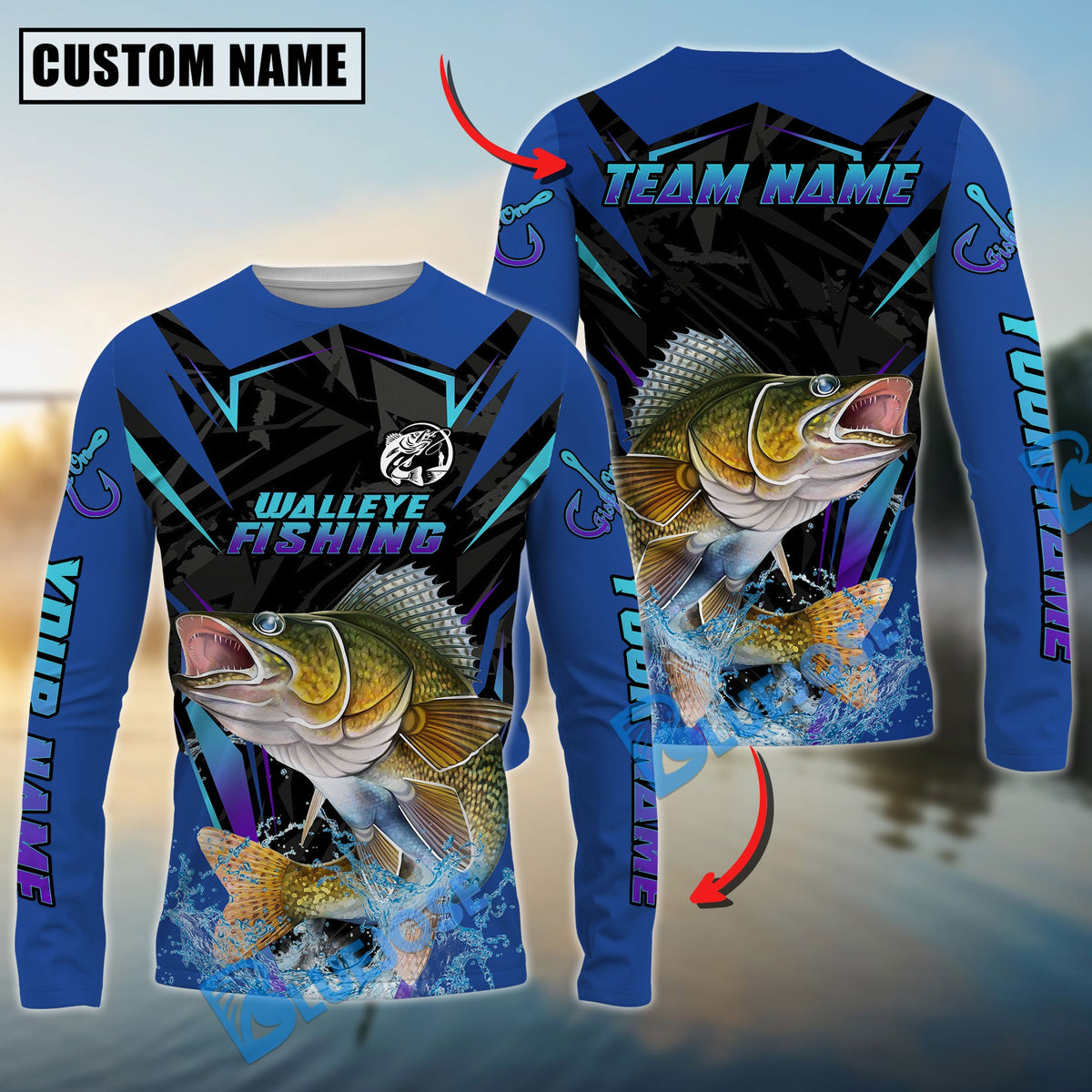 BlueJose Walleye Fishing Neon Sport Jersey Style Custom Name & Team Name 3D Shirts