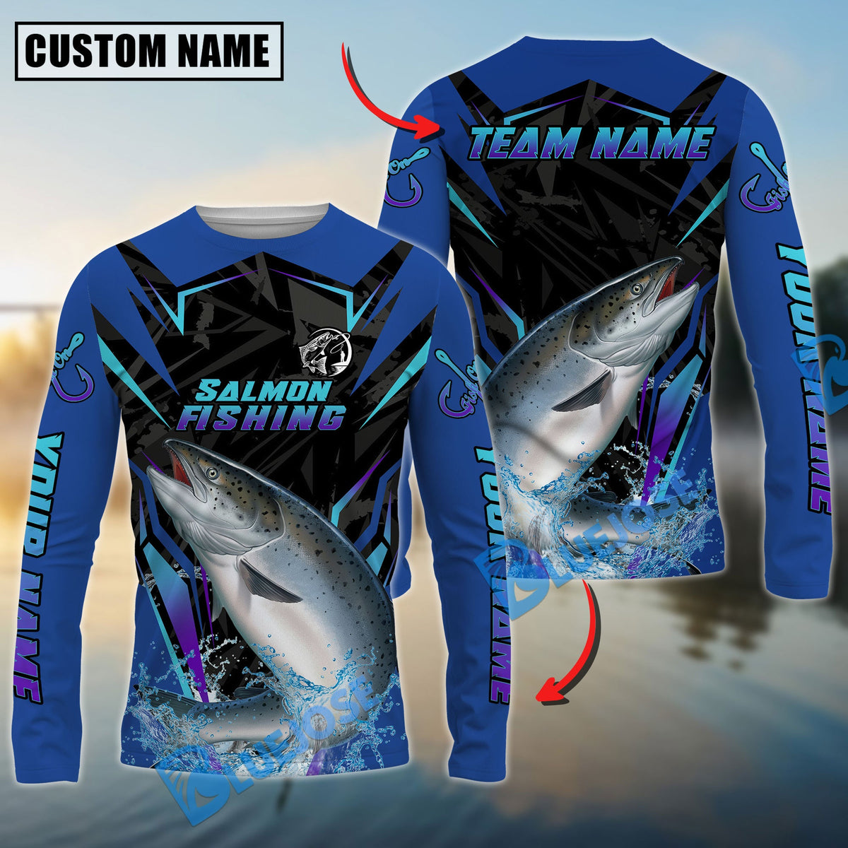 BlueJose Salmon Fishing Neon Sport Jersey Style Custom Name & Team Name 3D Shirts