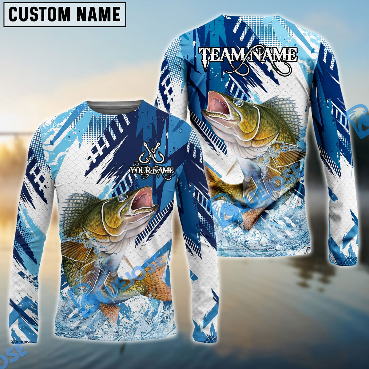 BlueJose Walleye Fishing Blue Water Splash Scale Pattern Custom Name & Team Name 3D Shirts