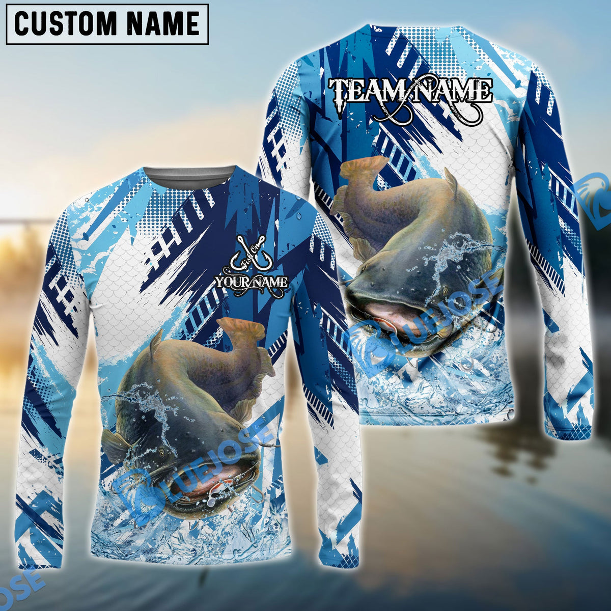 BlueJose Catfish Fishing Blue Water Splash Scale Pattern Custom Name & Team Name 3D Shirts