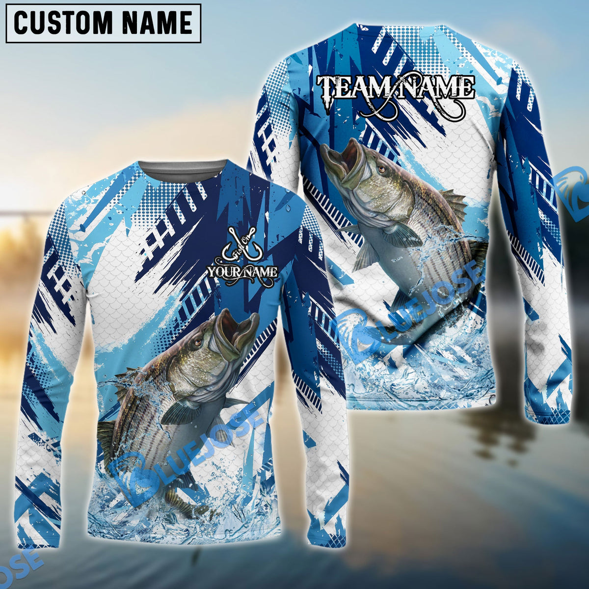 BlueJose Striped Bass Fishing Blue Water Splash Scale Pattern Custom Name & Team Name 3D Shirts