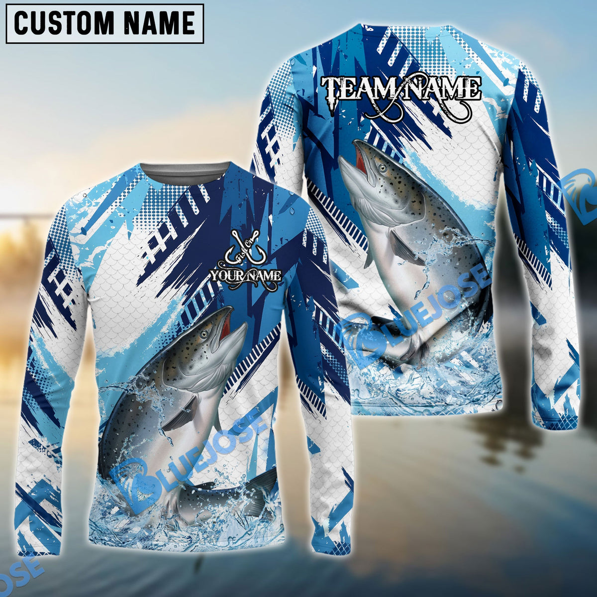 BlueJose Salmon Fishing Blue Water Splash Scale Pattern Custom Name & Team Name 3D Shirts