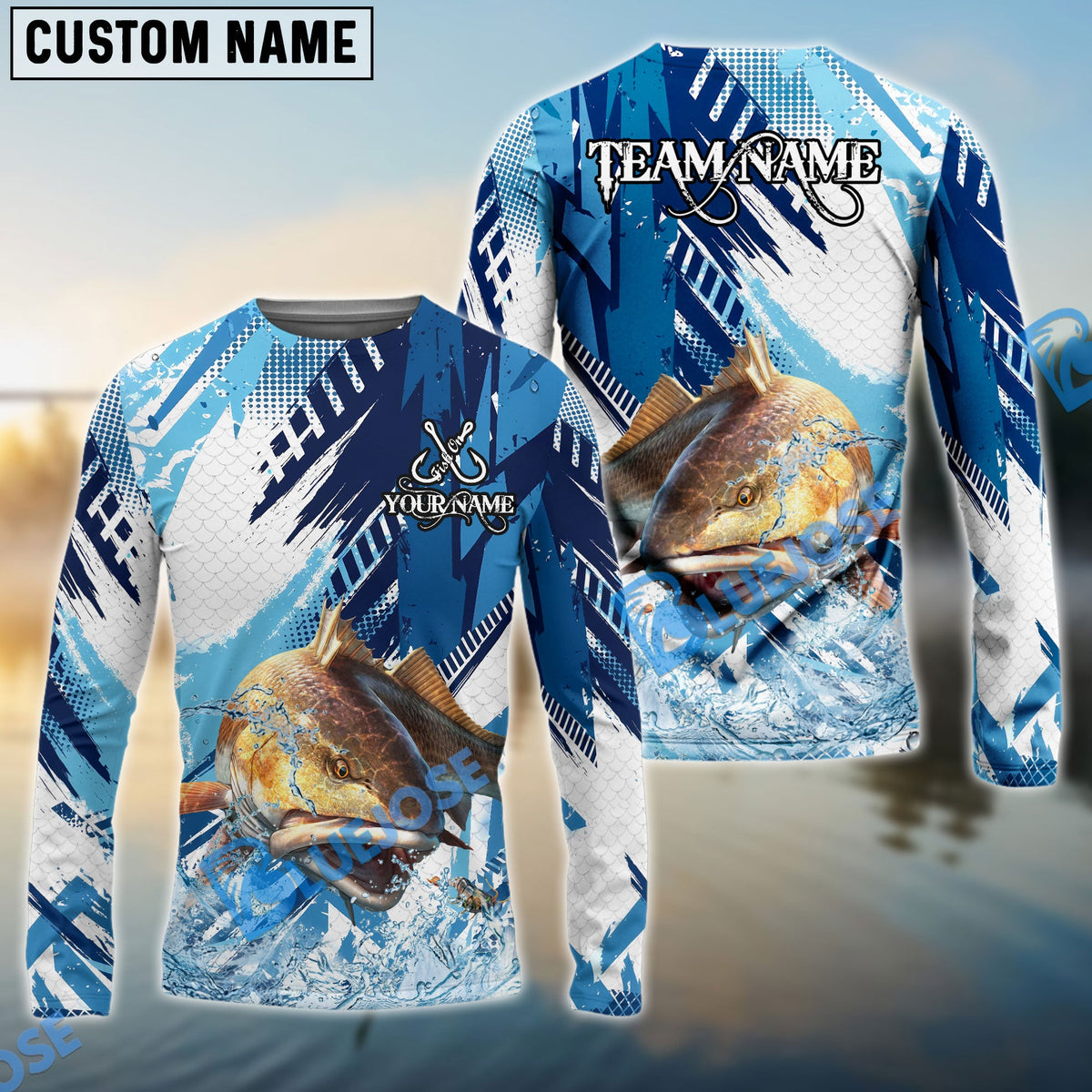 BlueJose Redfish Fishing Blue Water Splash Scale Pattern Custom Name & Team Name 3D Shirts