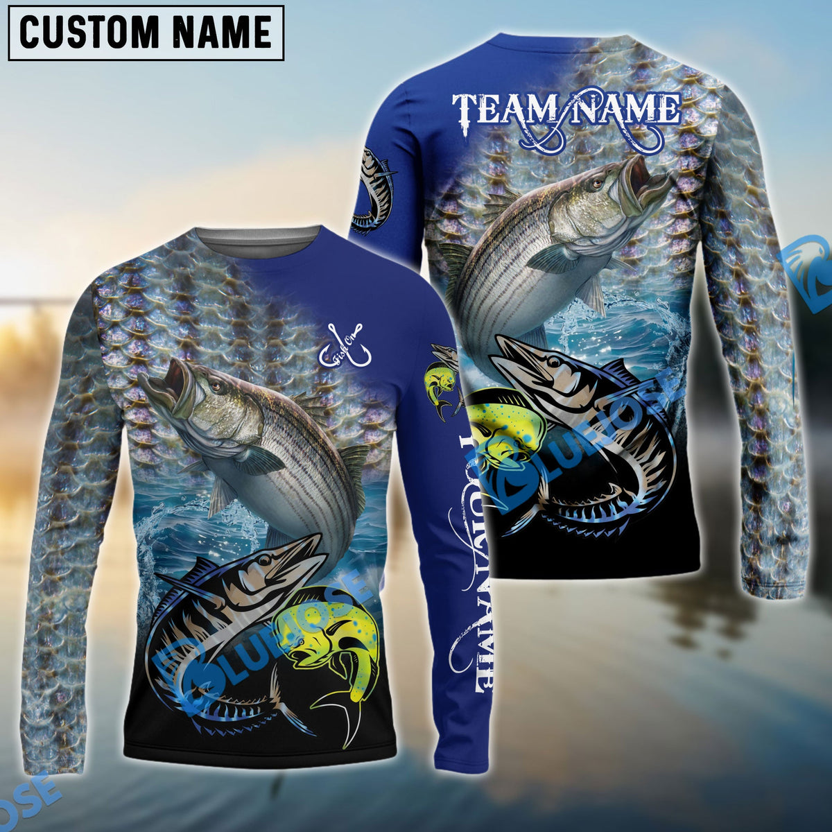 BlueJose Striped Bass Fishing Ocean & Lake Custom Name & Team Name 3D Shirts