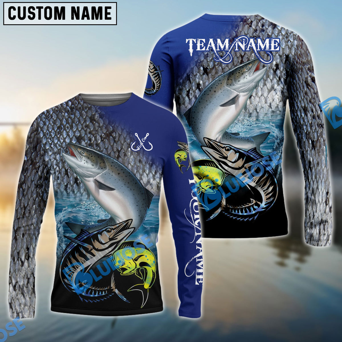 BlueJose Salmon Fishing Ocean & Lake Custom Name & Team Name 3D Shirts