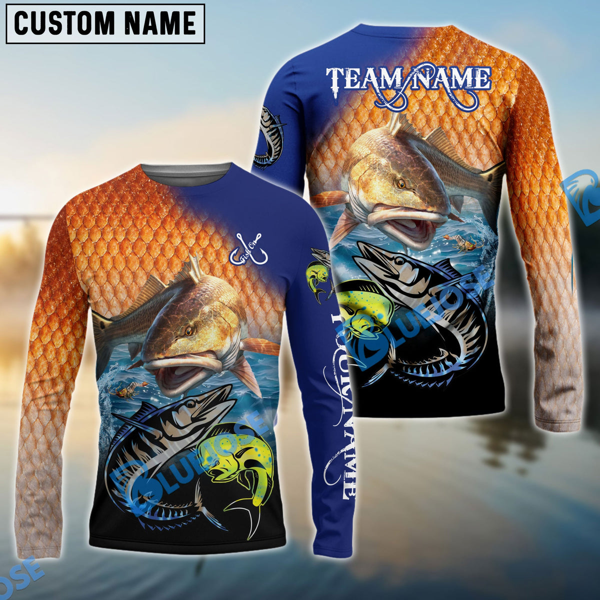 BlueJose Redfish Fishing Ocean & Lake Custom Name & Team Name 3D Shirts