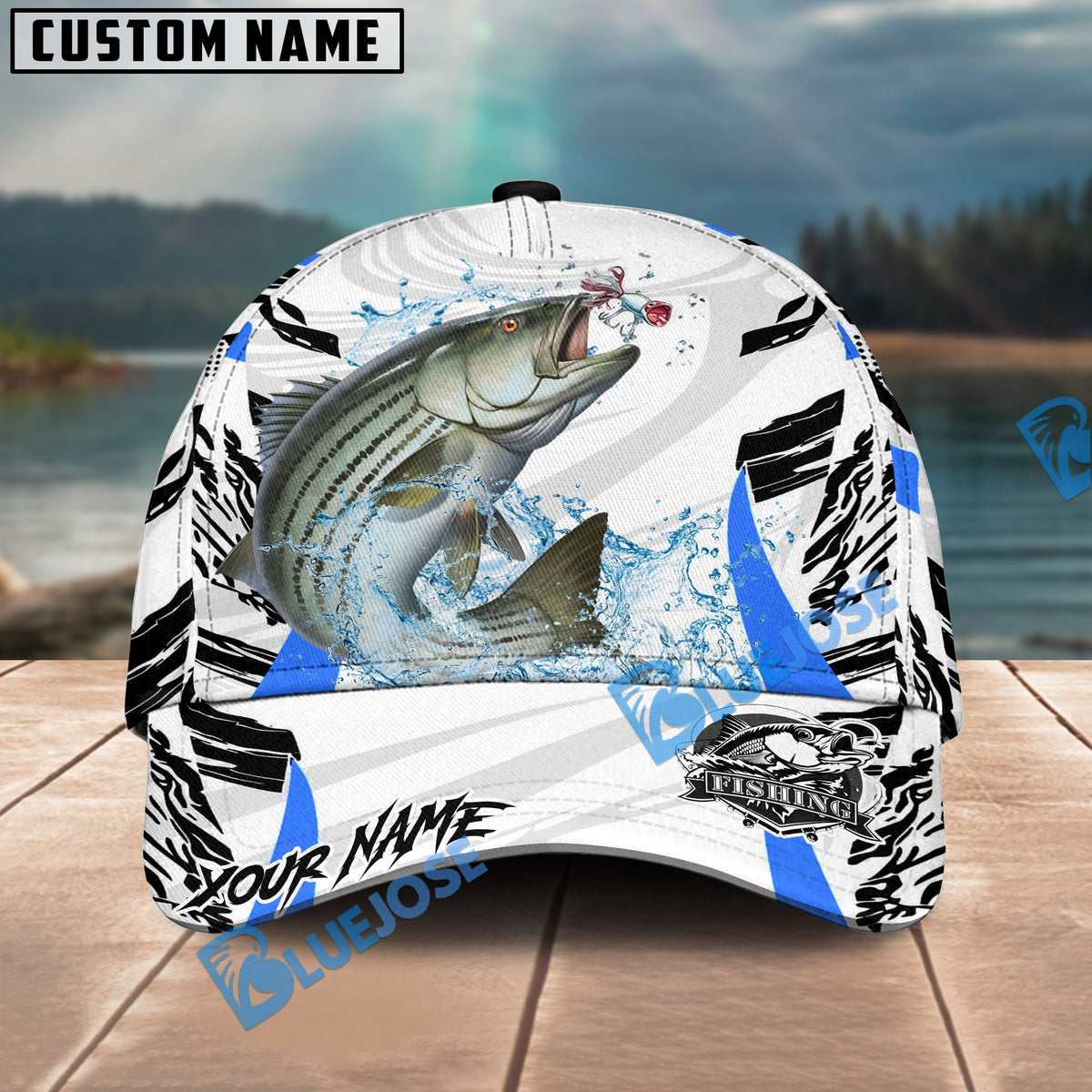 BlueJose Fishing White Black Curve Pattern Design Personalized Cap (13 Breeds)