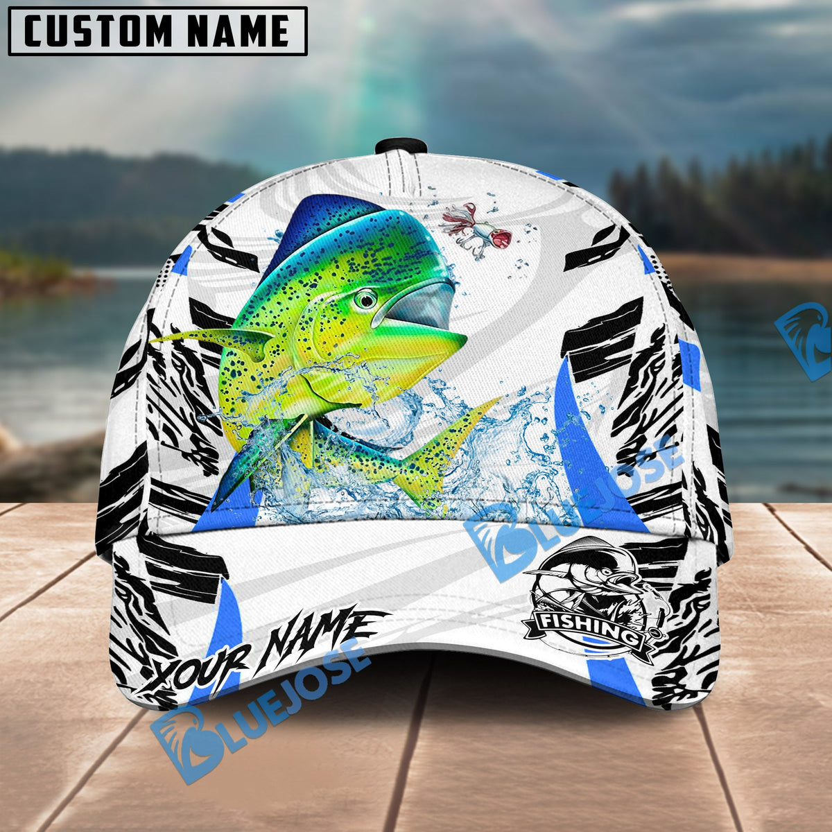 BlueJose Fishing White Black Curve Pattern Design Personalized Cap (13 Breeds)