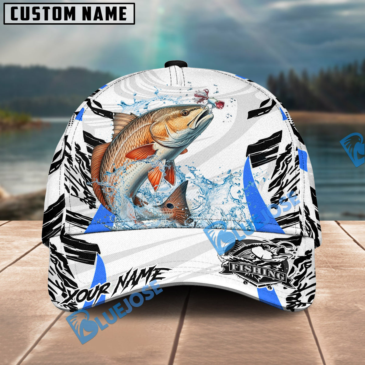 BlueJose Fishing White Black Curve Pattern Design Personalized Cap (13 Breeds)