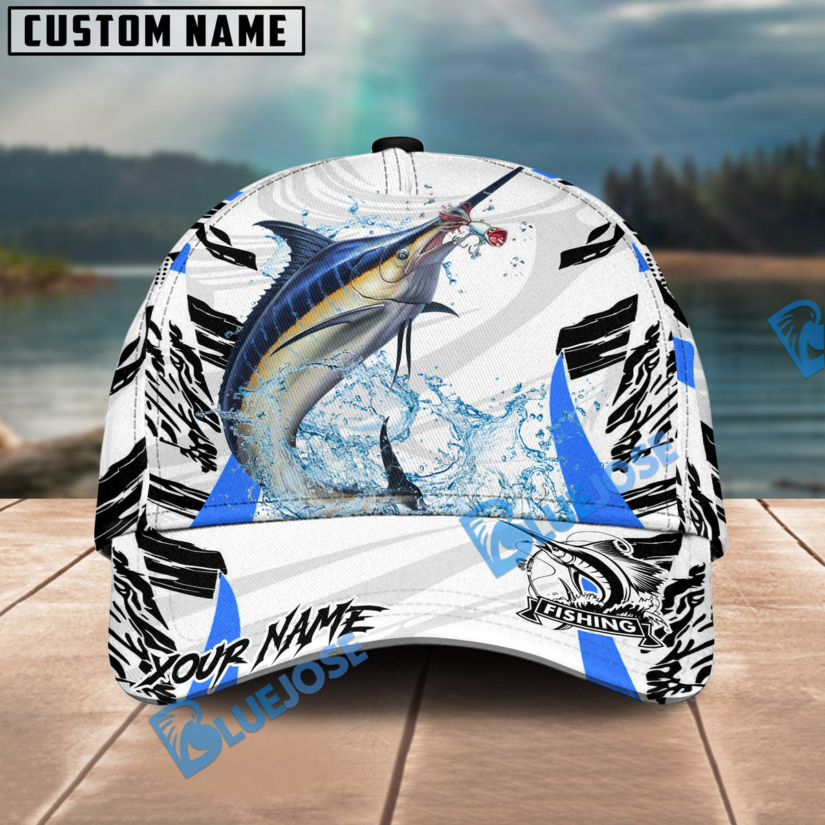 BlueJose Fishing White Black Curve Pattern Design Personalized Cap (13 Breeds)