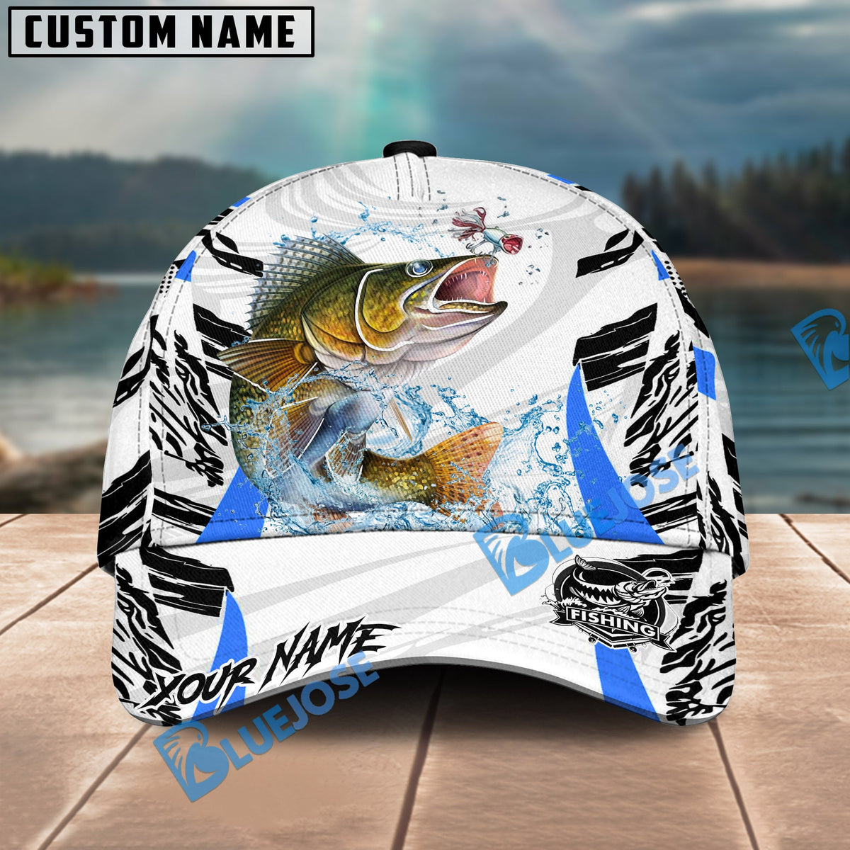 BlueJose Fishing White Black Curve Pattern Design Personalized Cap (13 Breeds)