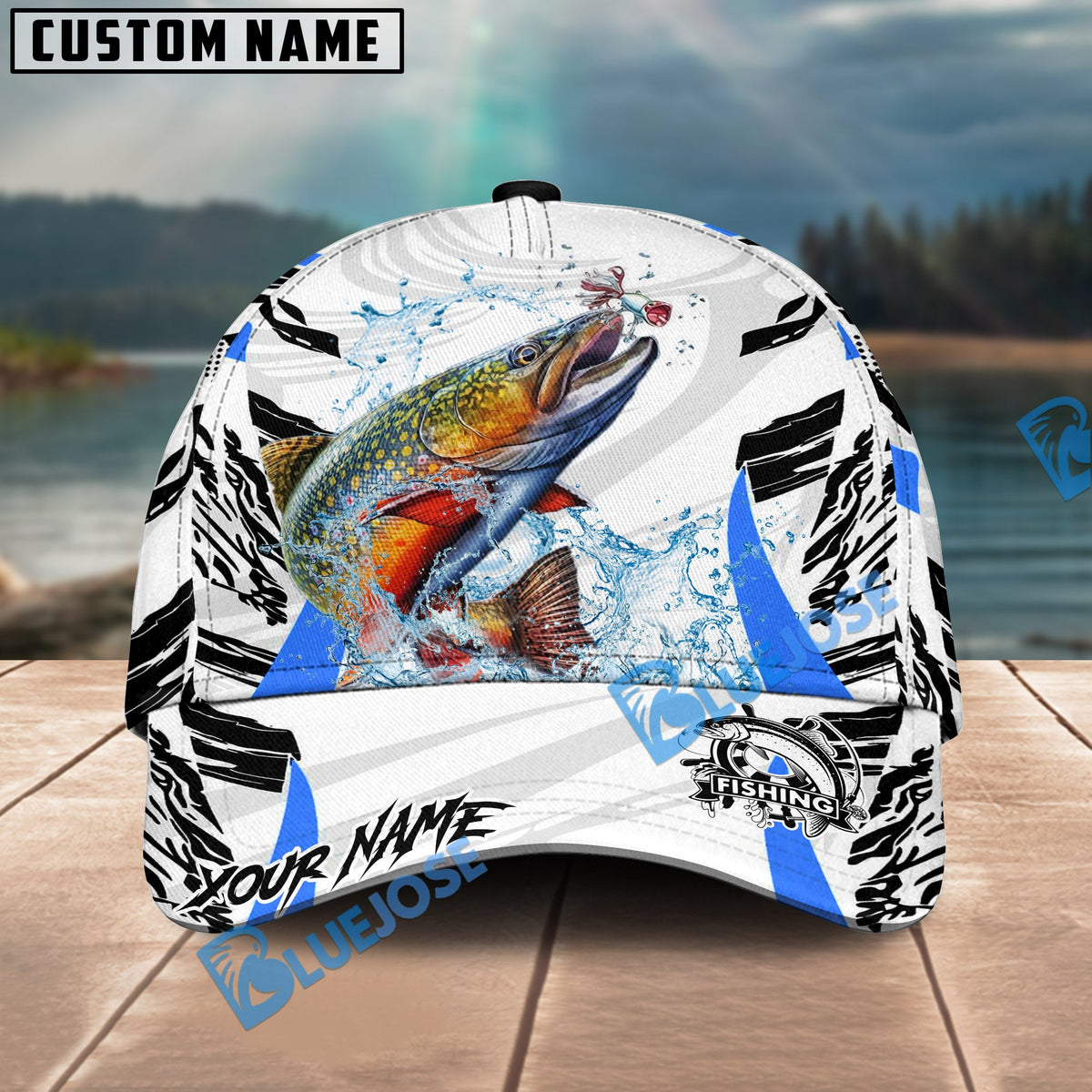 BlueJose Fishing White Black Curve Pattern Design Personalized Cap (13 Breeds)