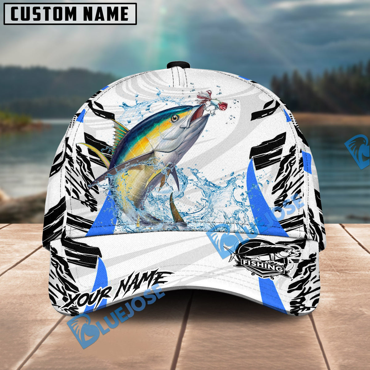 BlueJose Fishing White Black Curve Pattern Design Personalized Cap (13 Breeds)