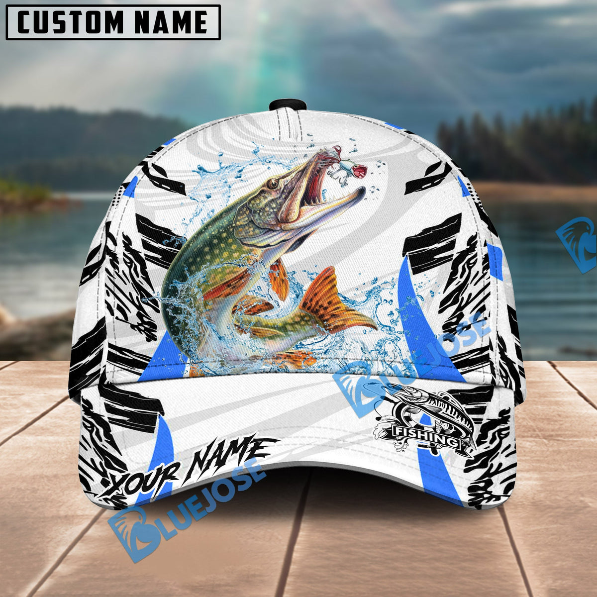 BlueJose Fishing White Black Curve Pattern Design Personalized Cap (13 Breeds)