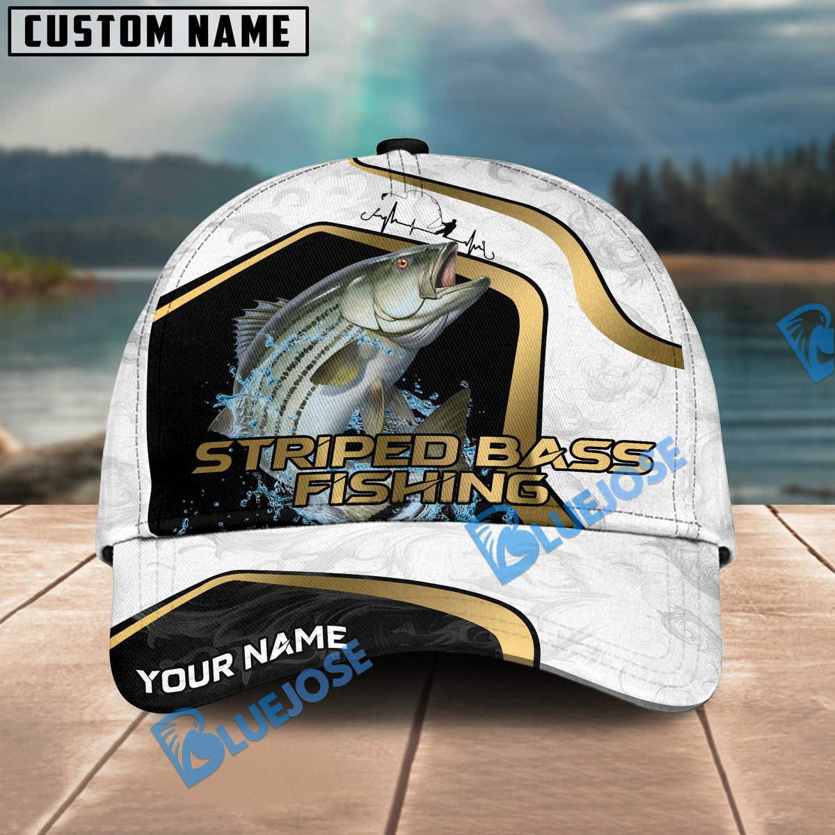 BlueJose Fishing White Marble & Gold Trim Splash Heartbeat Line Personalized Cap (13 Breeds)