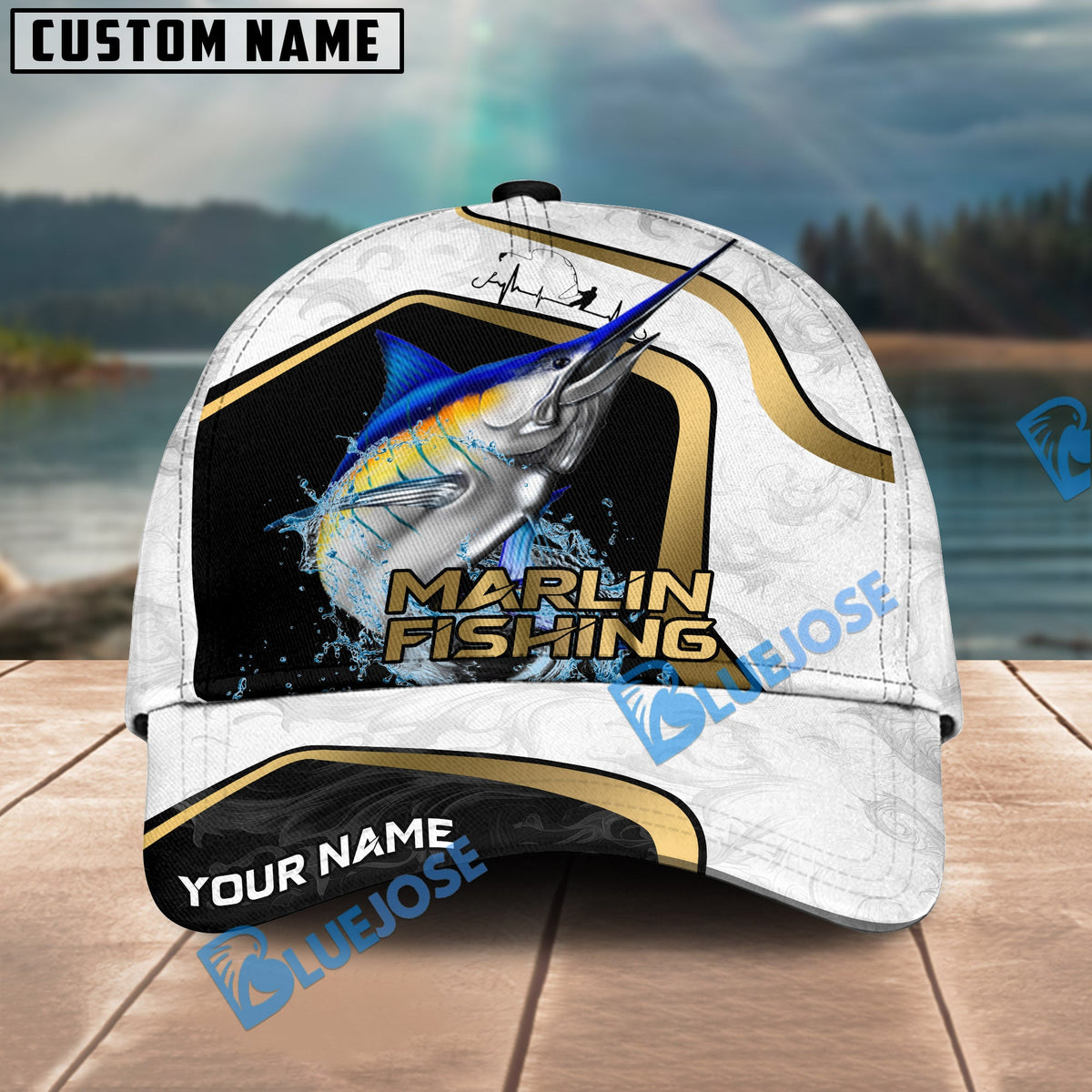 BlueJose Fishing White Marble & Gold Trim Splash Heartbeat Line Personalized Cap (13 Breeds)