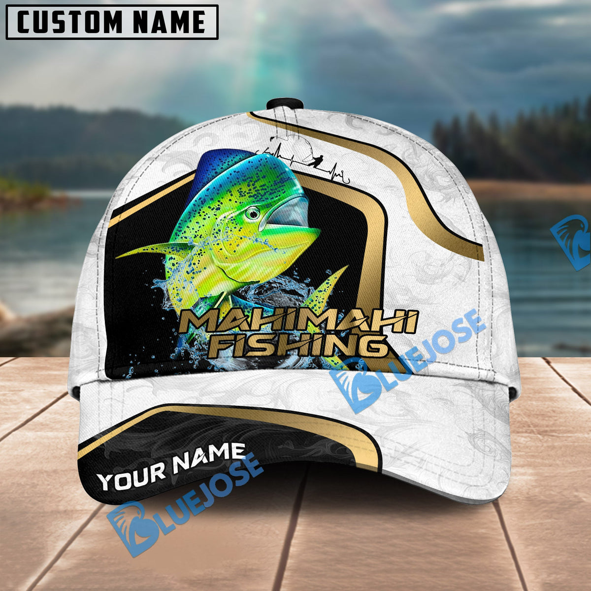 BlueJose Fishing White Marble & Gold Trim Splash Heartbeat Line Personalized Cap (13 Breeds)