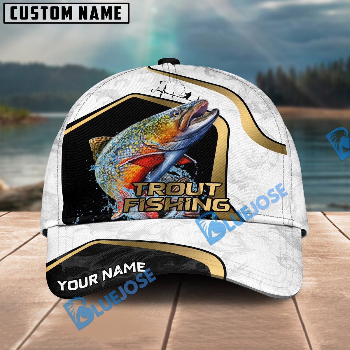 BlueJose Fishing White Marble & Gold Trim Splash Heartbeat Line Personalized Cap (13 Breeds)