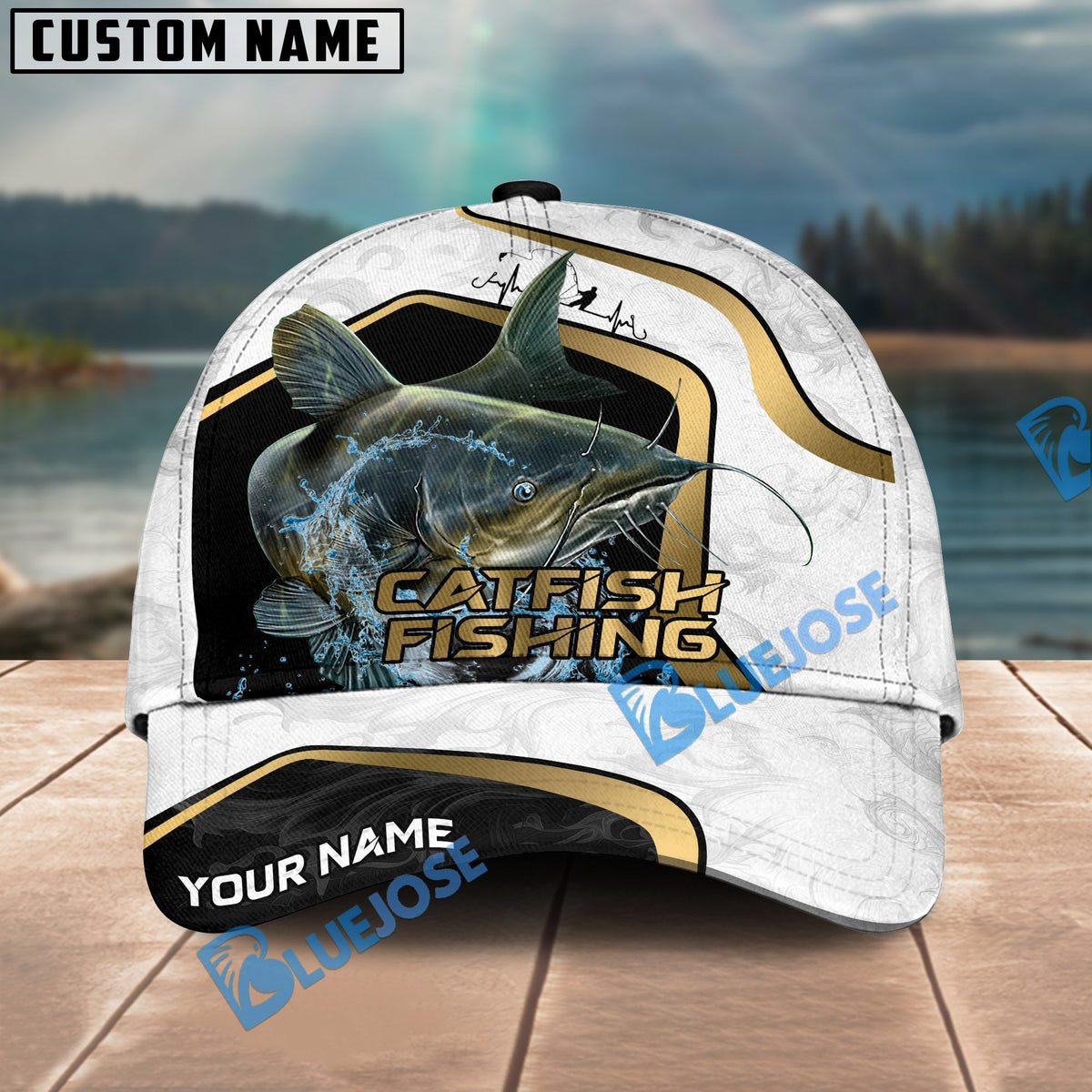BlueJose Fishing White Marble & Gold Trim Splash Heartbeat Line Personalized Cap (13 Breeds)