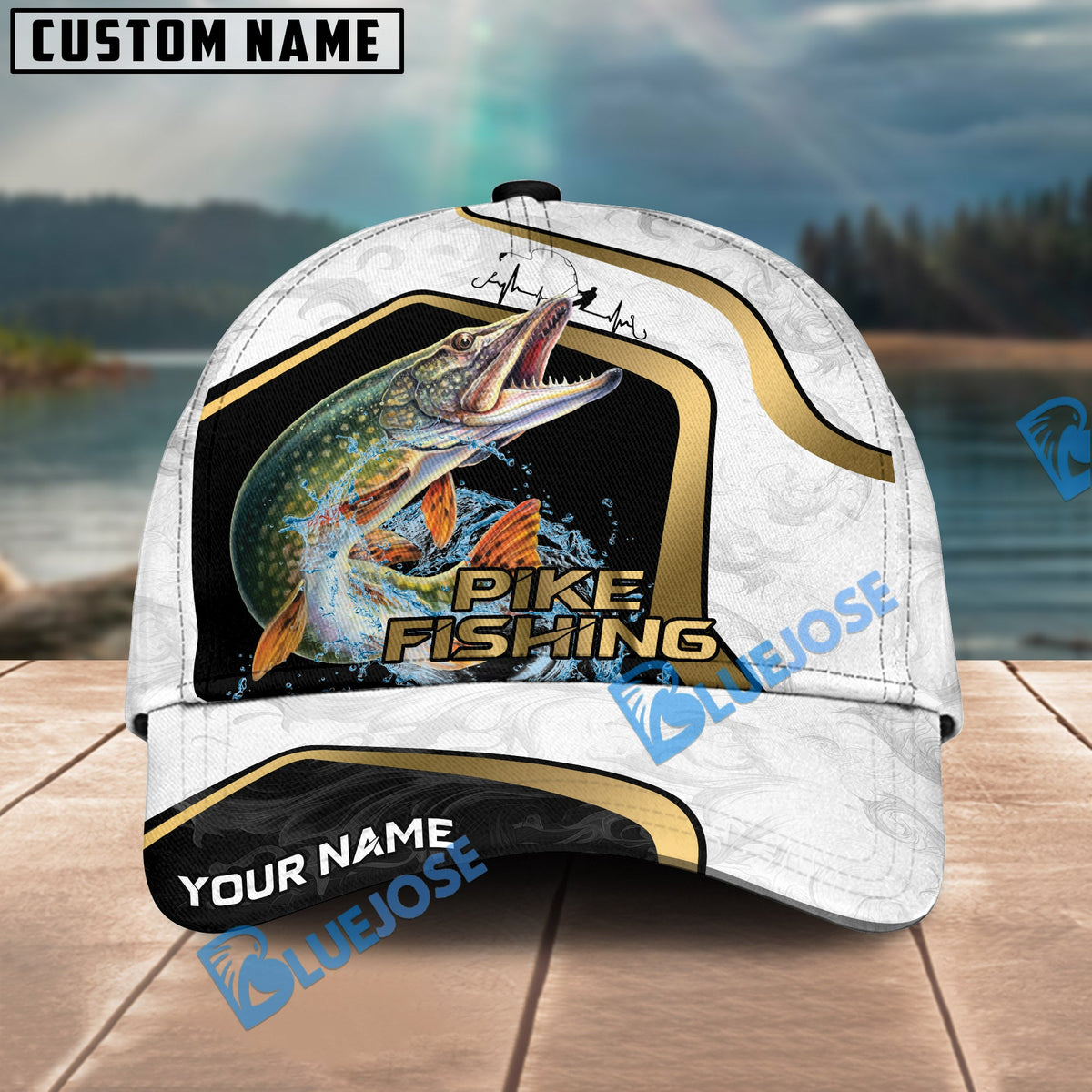 BlueJose Fishing White Marble & Gold Trim Splash Heartbeat Line Personalized Cap (13 Breeds)