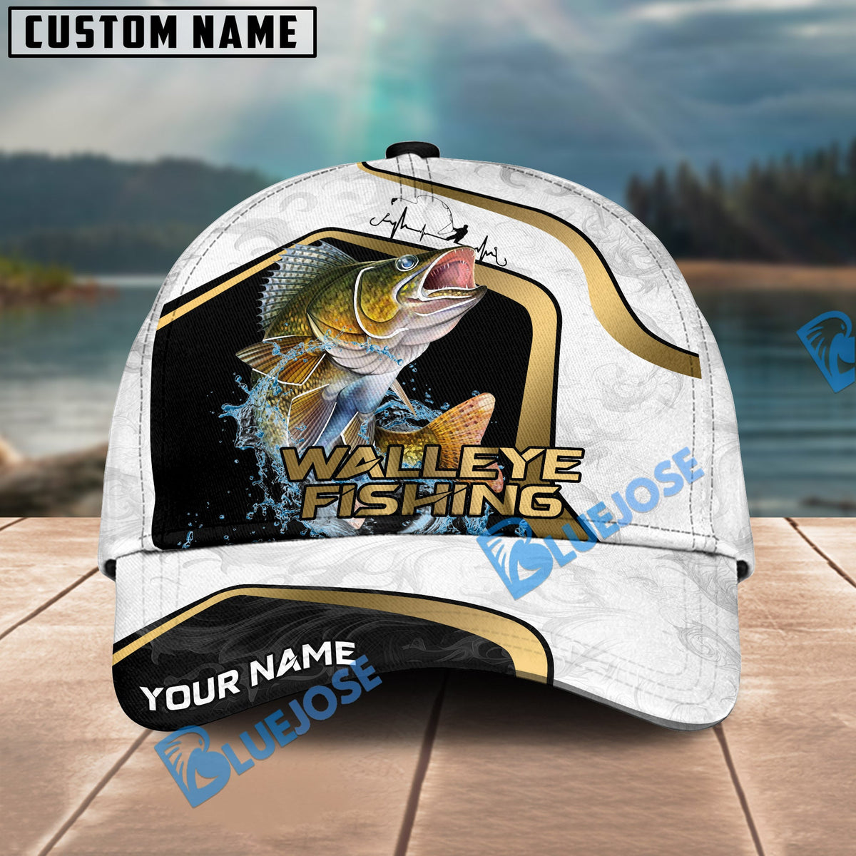 BlueJose Fishing White Marble & Gold Trim Splash Heartbeat Line Personalized Cap (13 Breeds)