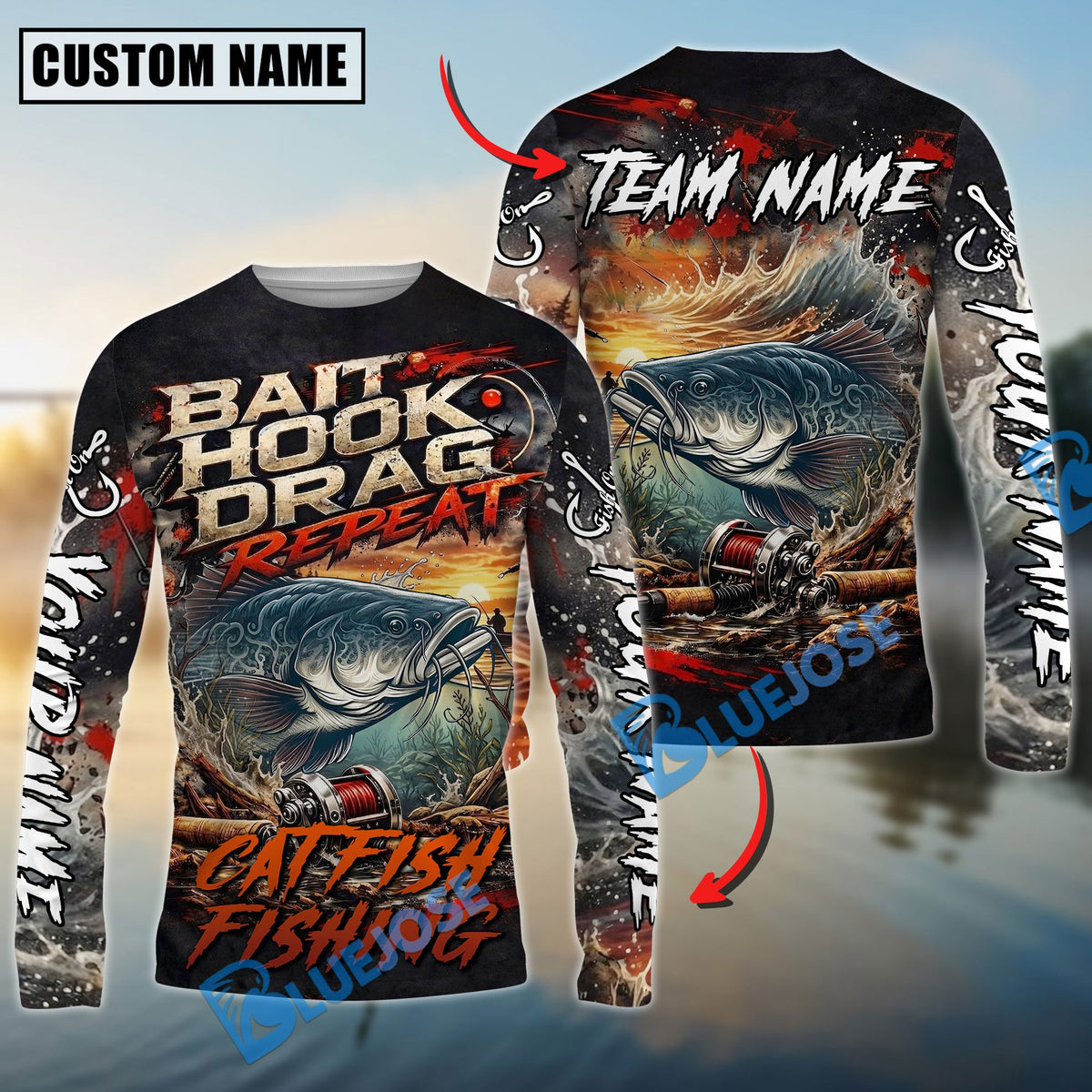 BlueJose Catfish Fishing Bait Hook Drag Repeat Custom Name & Team Name 3D Shirts