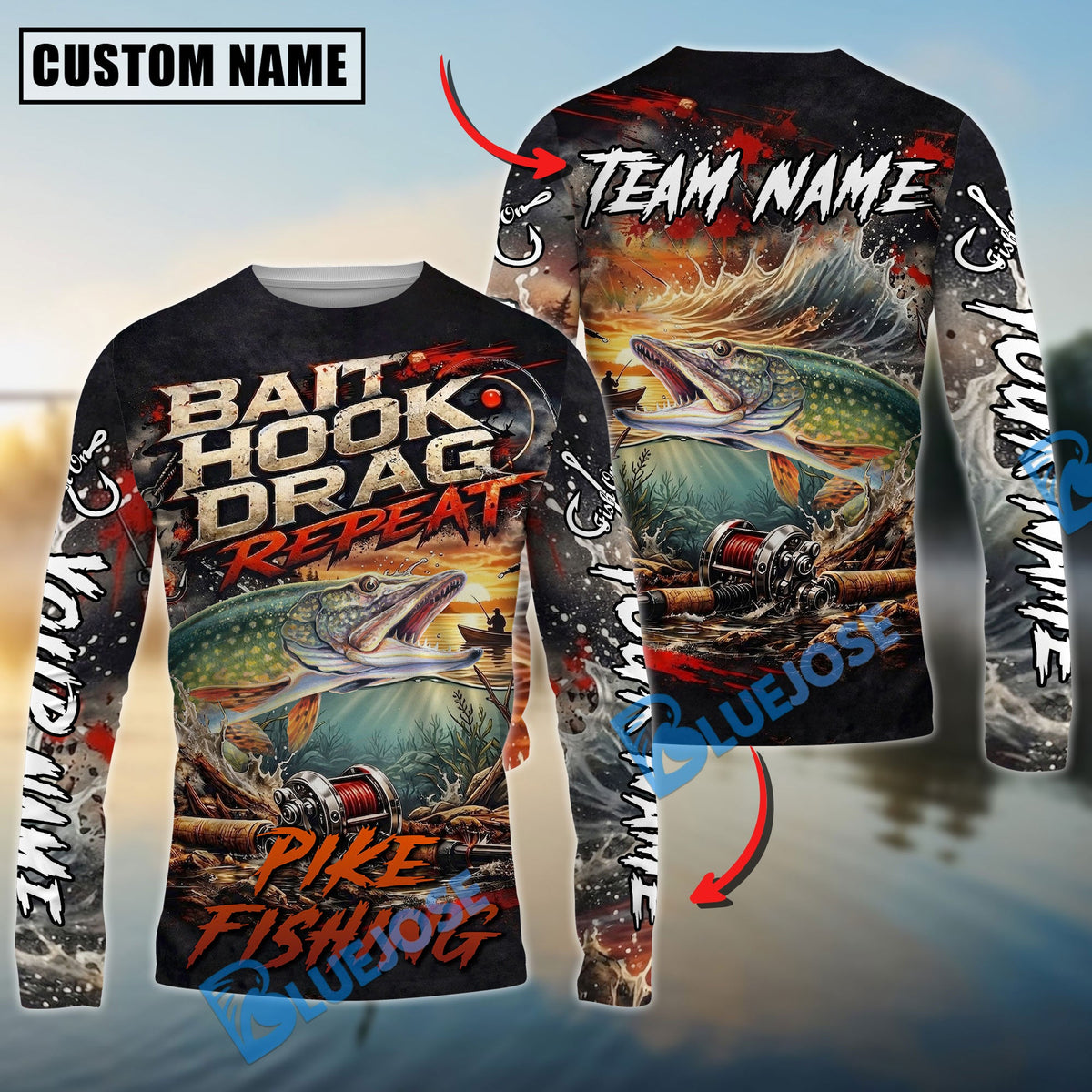 BlueJose Pike Fishing Bait Hook Drag Repeat Custom Name & Team Name 3D Shirts