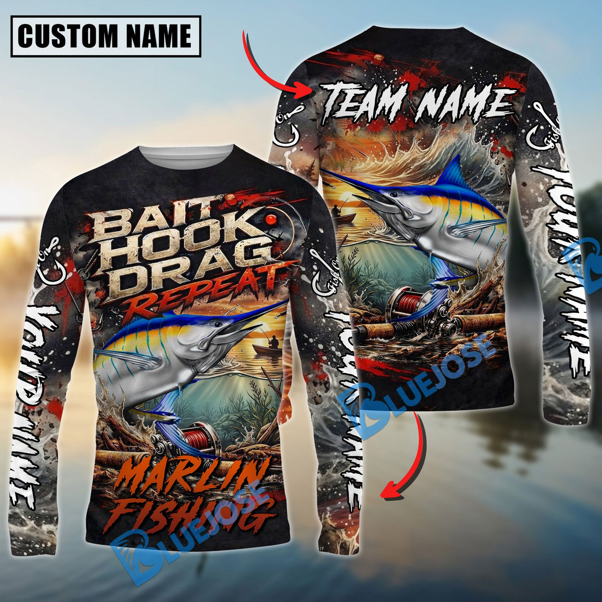 BlueJose Marlin Fishing Bait Hook Drag Repeat Custom Name & Team Name 3D Shirts