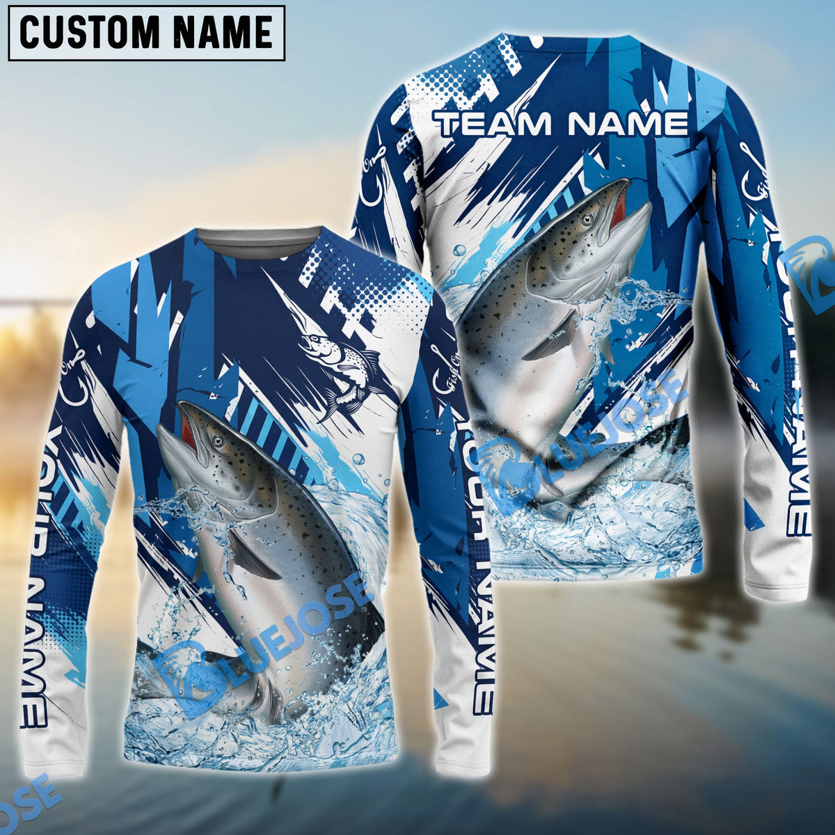 BlueJose Salmon Fishing Technical Fish Scale Custom Name & Team Name 3D Shirts