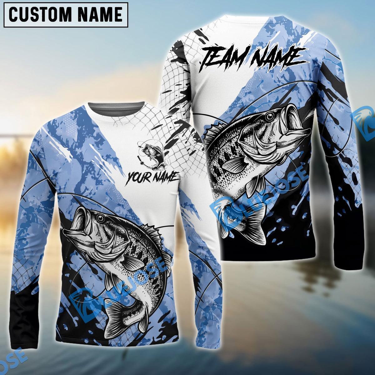 BlueJose Bass Fishing Blue White Long Jumping Splash Water Graphic Custom Name & Team Name 3D Shirts